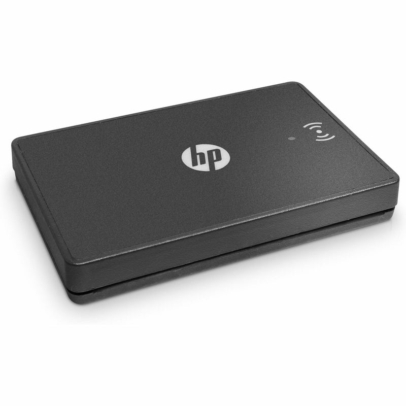 Angled view of HP security device showing wireless indicator and branding