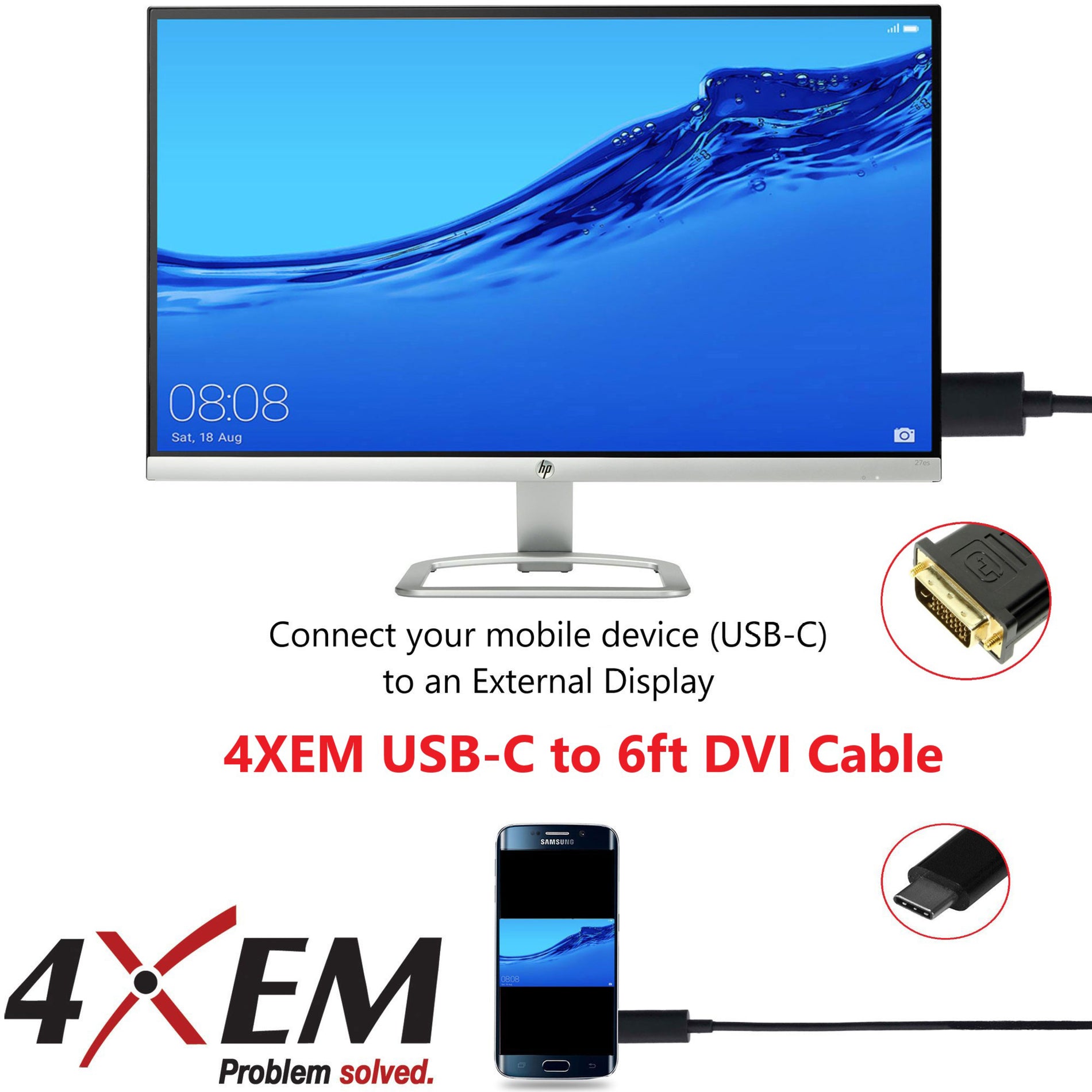 4XEM 4XUSBCDVI6B USB-C to DVI Cable 6ft-Black, High-Speed Video Transfer