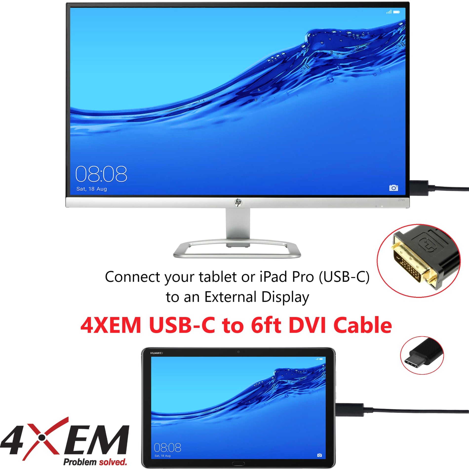 4XEM 4XUSBCDVI6B USB-C to DVI Cable 6ft-Black, High-Speed Video Transfer