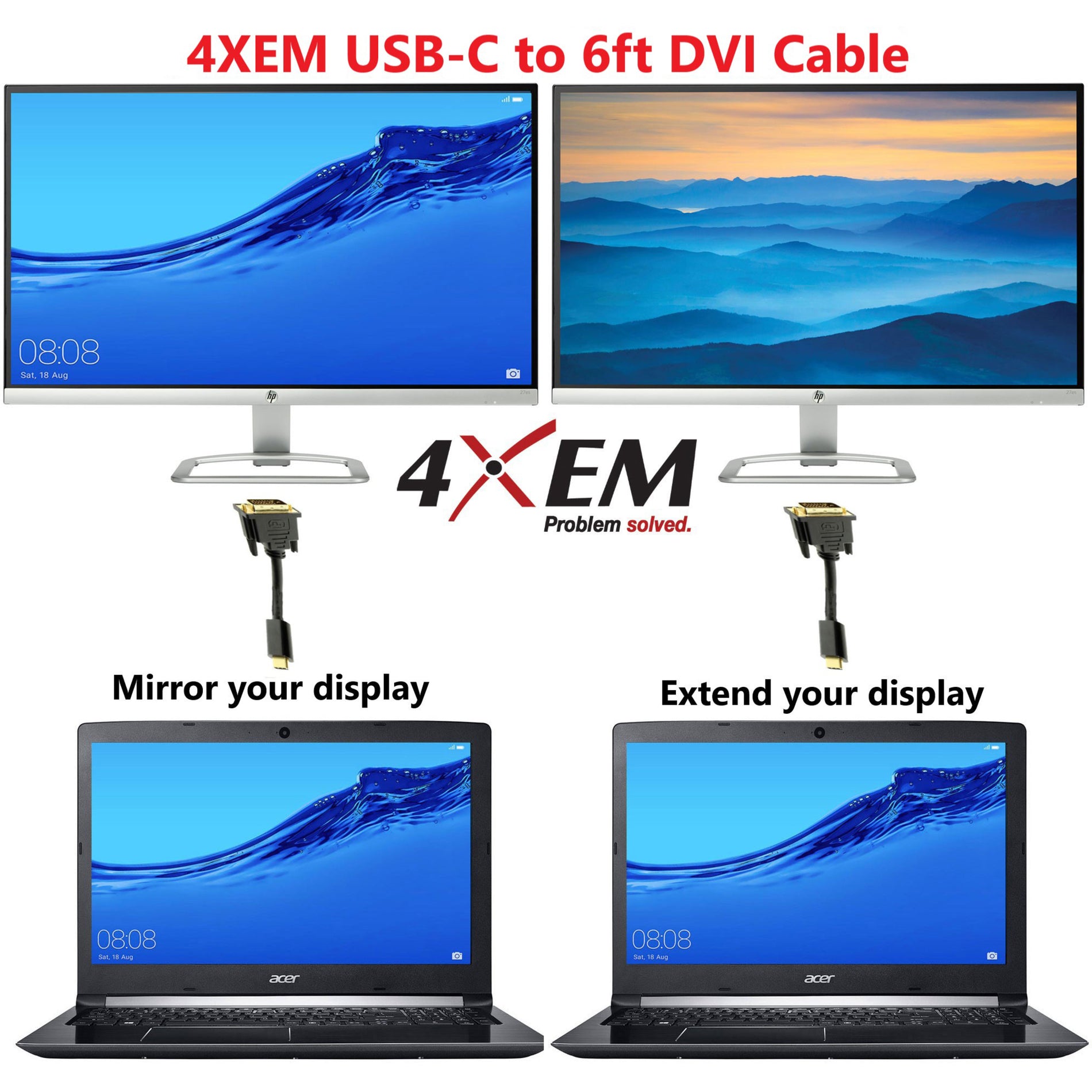 4XEM 4XUSBCDVI6B USB-C to DVI Cable 6ft-Black, High-Speed Video Transfer