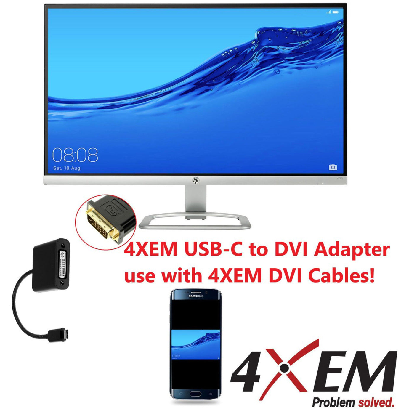 4XEM 4XUSBCDVIAB USB-C to DVI Adapter, Reversible, Shielded, Active, 1920 x 1200 Resolution Supported