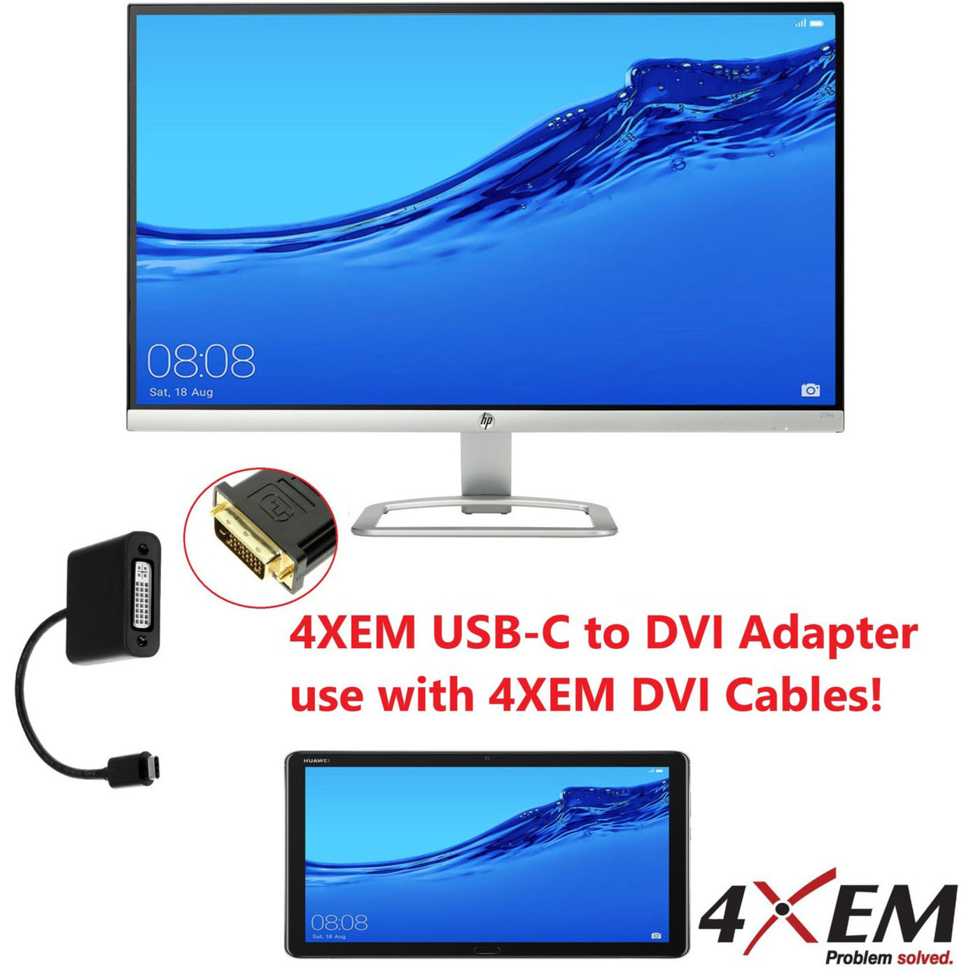 4XEM 4XUSBCDVIAB USB-C to DVI Adapter, Reversible, Shielded, Active, 1920 x 1200 Resolution Supported