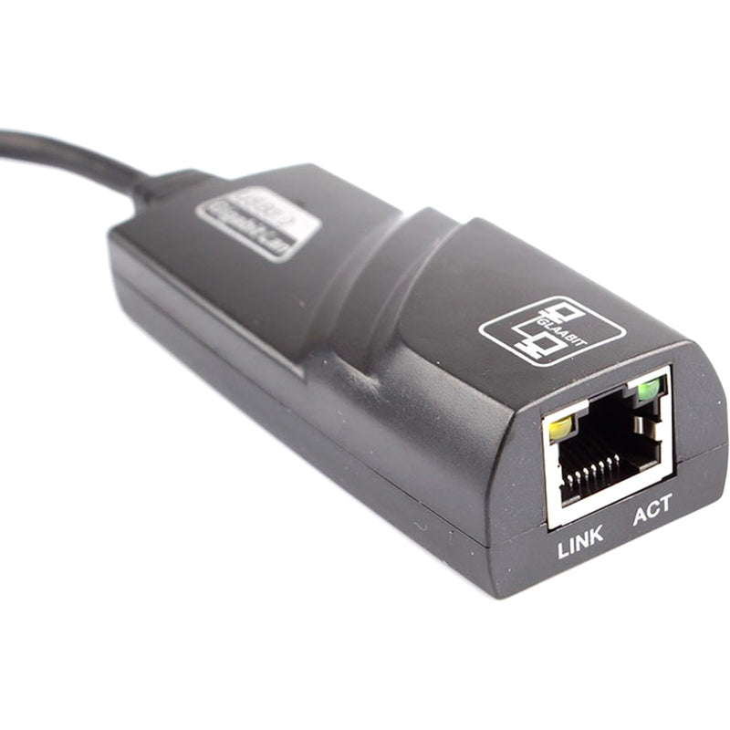 Angled view of 4XEM adapter's RJ-45 port with LED indicators