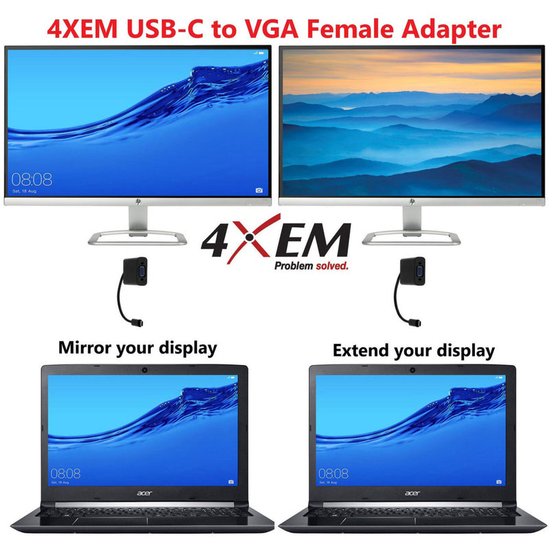 Diagram showing mirror and extended display options using 4XEM USB-C to VGA adapter