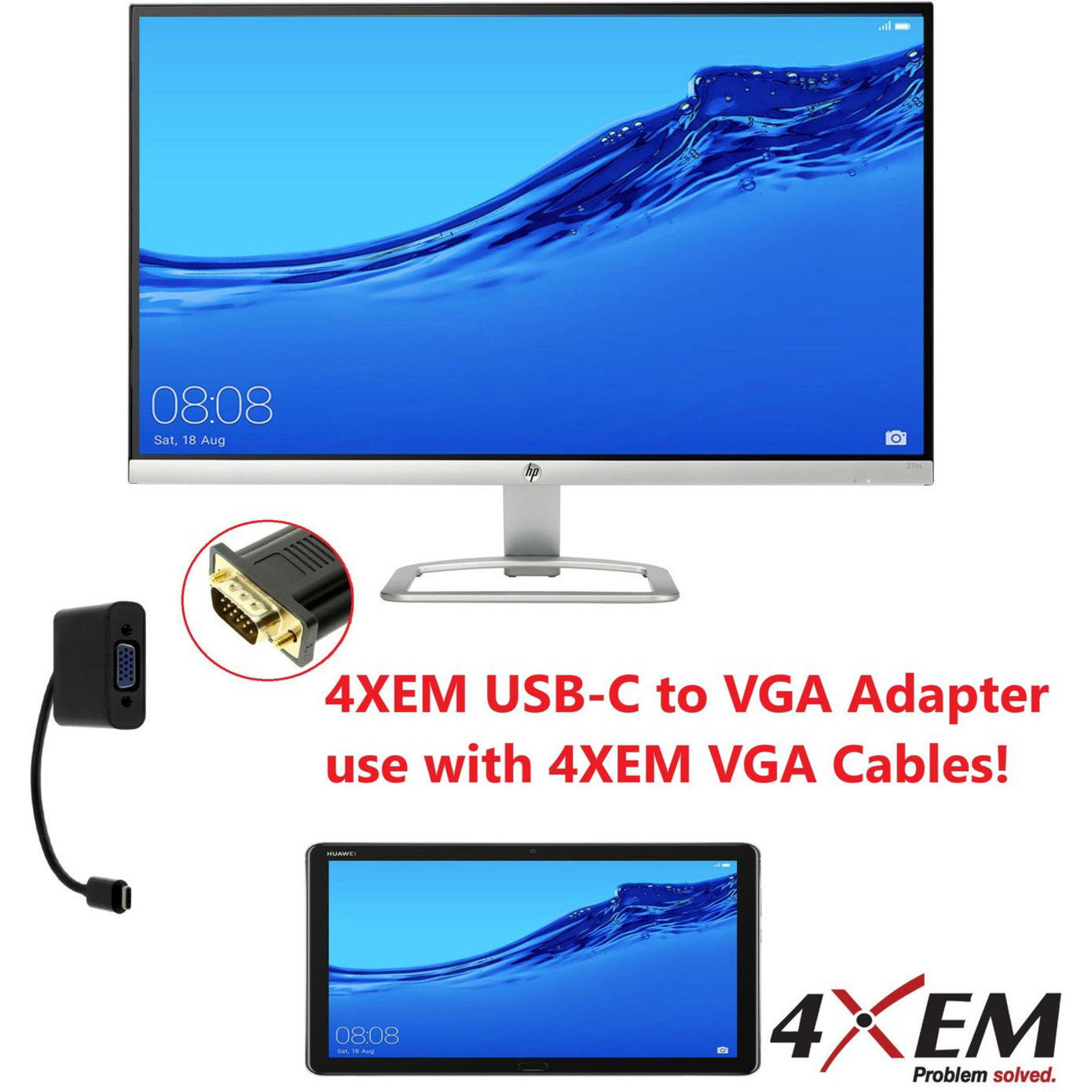 4XEM 4XUSBCVGAAB USB-C to VGA Adapter, Active USB 3.1 Type C Male to HD-15 Female, 1920 x 1200 Maximum Resolution Supported