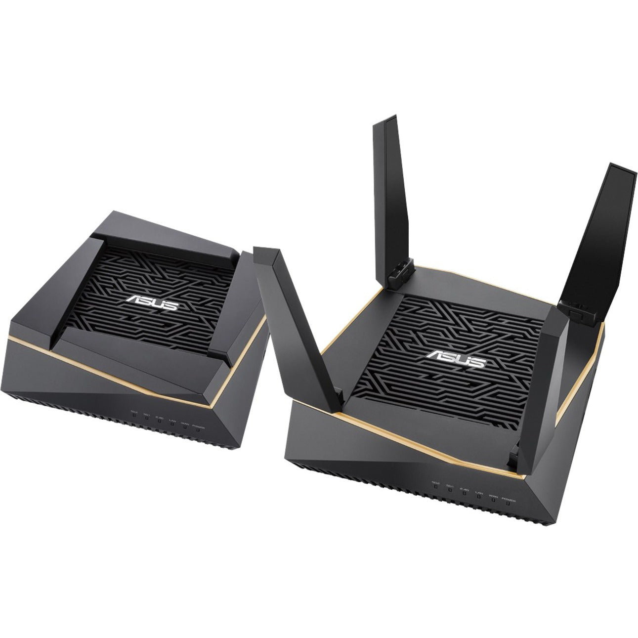 ASUS RT-AX92U AiMesh WiFi 6 system showing two identical black angular routers with gold accents and external antennas-alternate-image1