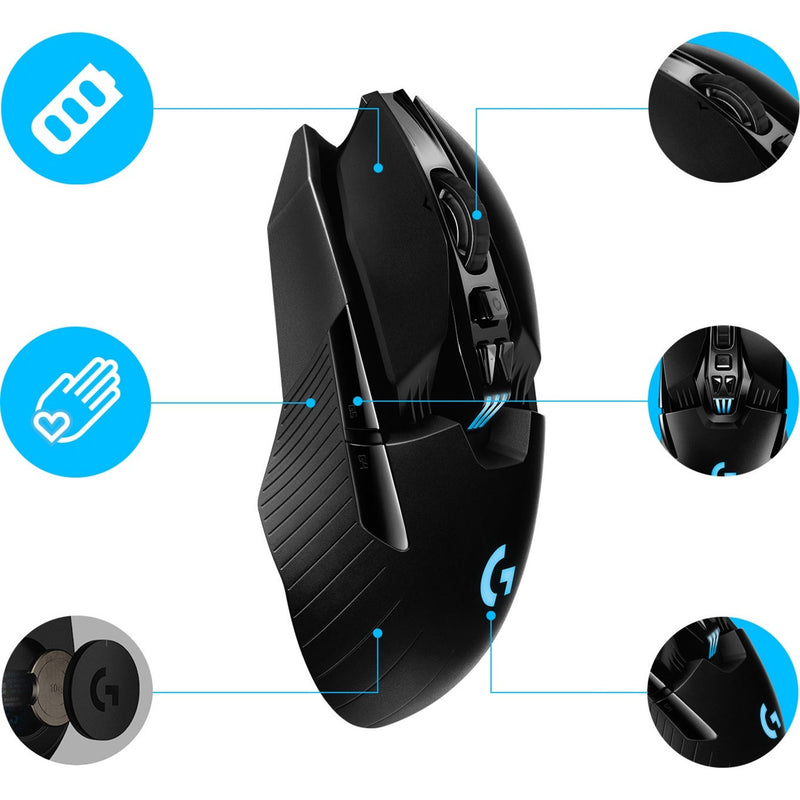 Feature breakdown diagram of G903 mouse showing customizable elements