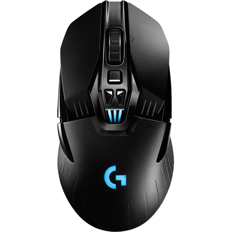 Top view of Logitech G903 LIGHTSPEED gaming mouse showing symmetrical design with blue LED accents