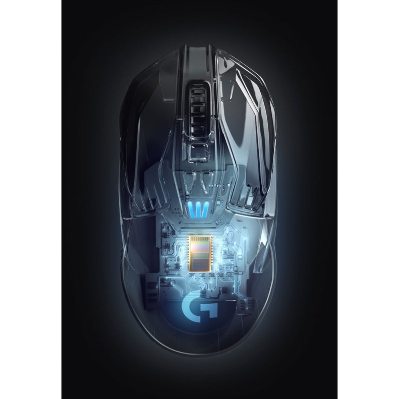 X-ray style view of G903 mouse showing internal components and wireless technology