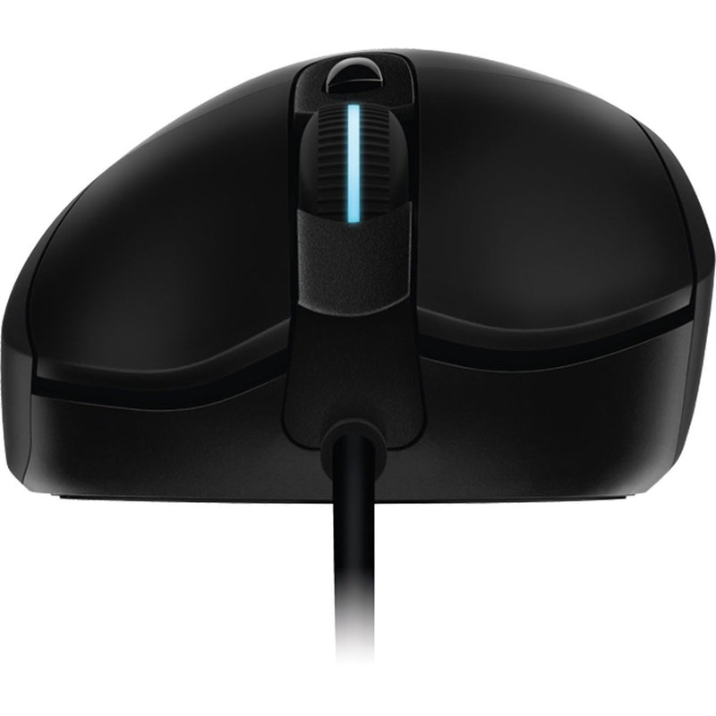 Close-up view of Logitech G403 HERO gaming mouse scroll wheel with LED illumination