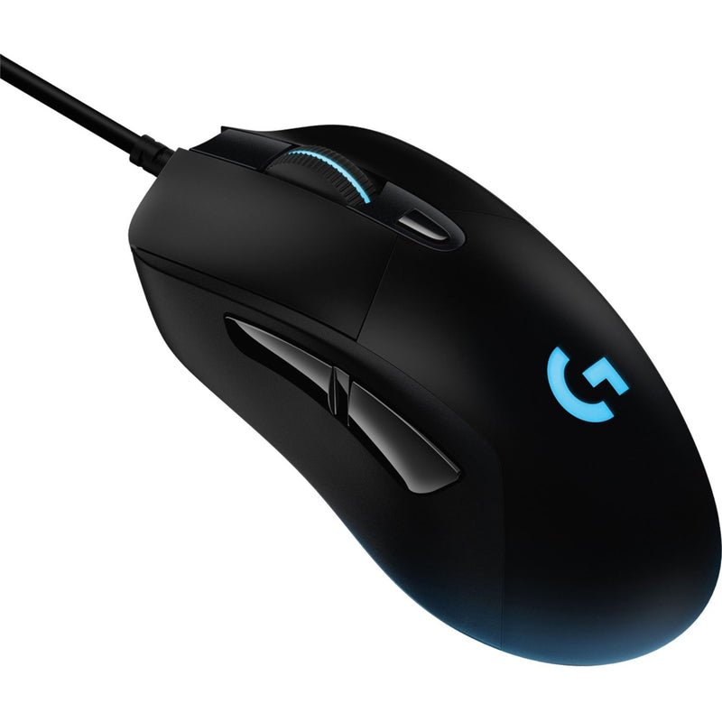 Logitech G403 HERO gaming mouse in black with blue LED accents, showing side profile with programmable buttons