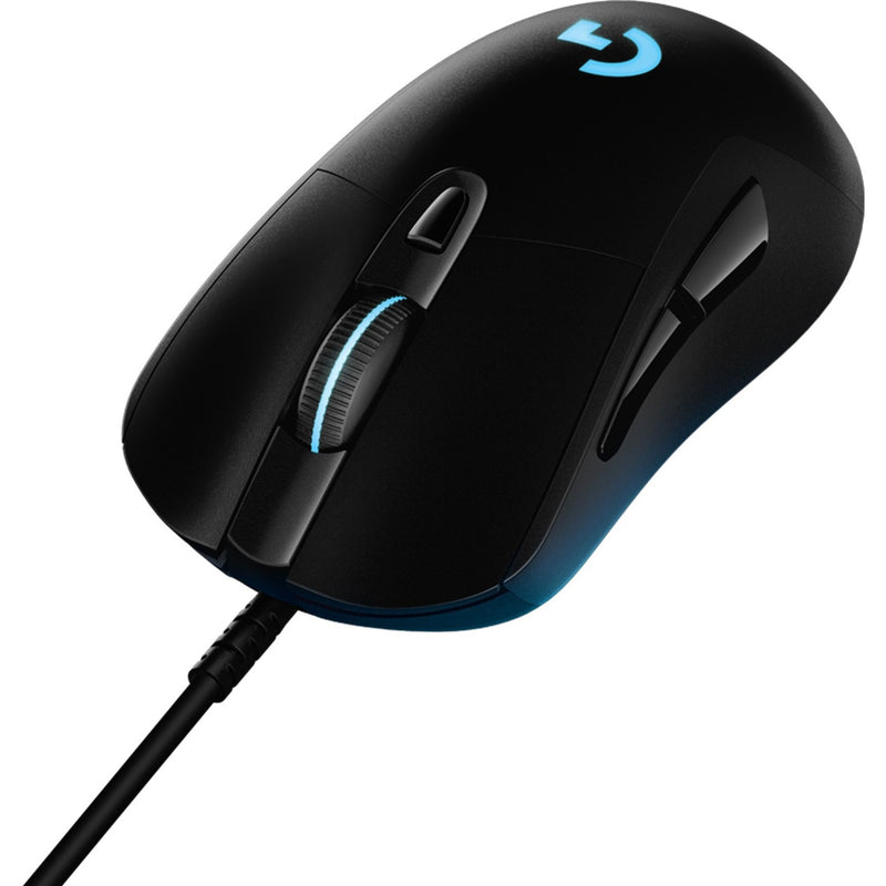 Top-angled view of Logitech G403 HERO gaming mouse highlighting RGB lighting features