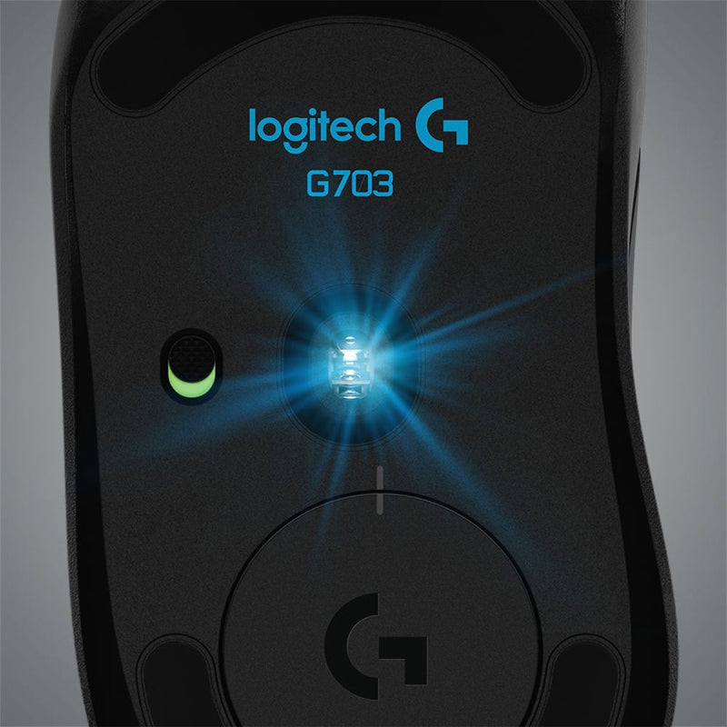 Bottom view of Logitech G703 mouse showing HERO sensor with blue illumination