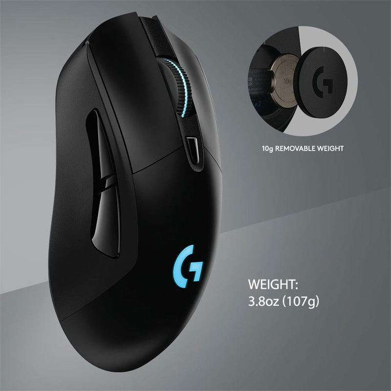 Side view of Logitech G703 mouse showing removable weight system and weight specifications