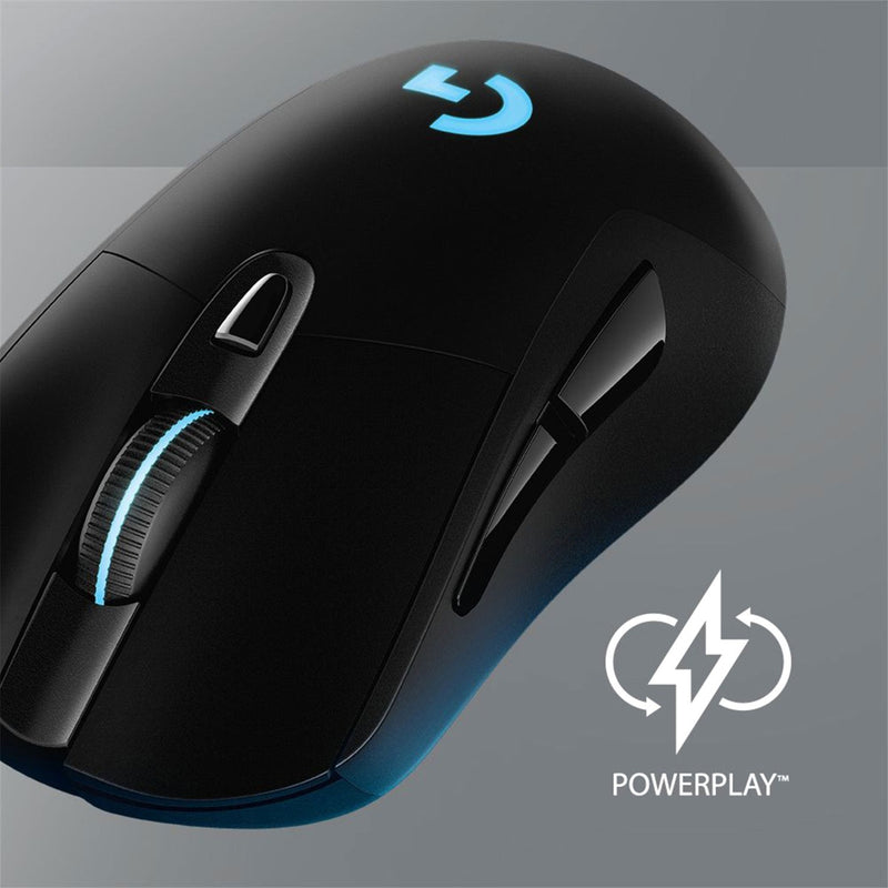 Logitech G703 mouse highlighting POWERPLAY wireless charging compatibility with charging icon