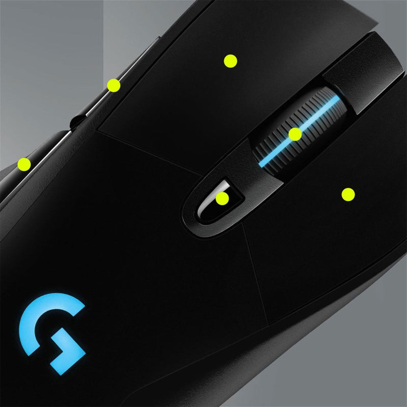 Close-up of Logitech G703 mouse showing programmable buttons with indicator markers