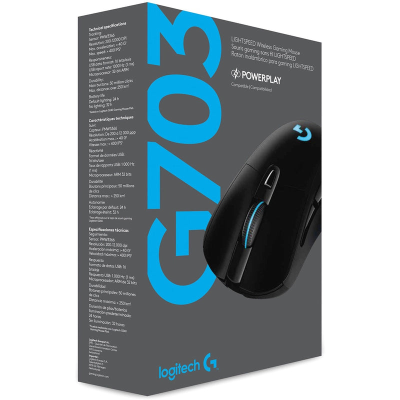 Retail packaging of Logitech G703 LIGHTSPEED gaming mouse showing specifications and features