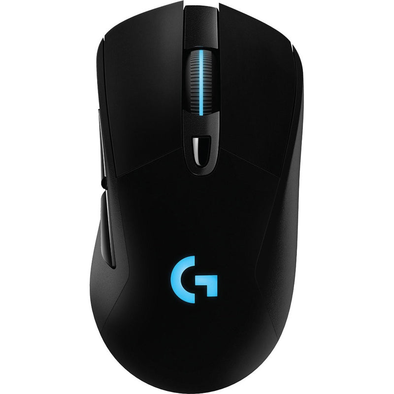 Logitech G703 LIGHTSPEED wireless gaming mouse in black with blue LED accents and illuminated scroll wheel