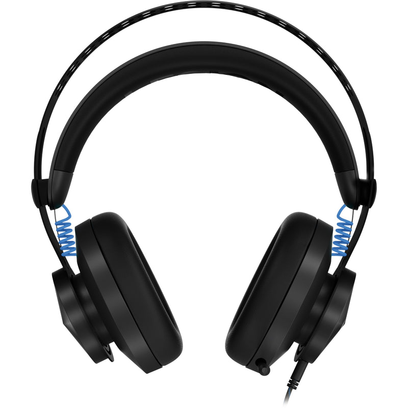 Front view of Legion H300 headset showing blue spring suspension system