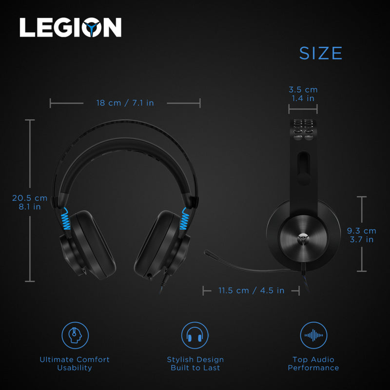 Technical diagram showing Legion H300 dimensions and features