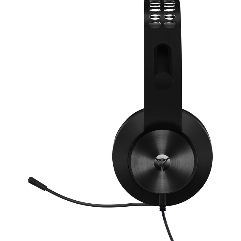 Side view of Legion H300 headset showing brushed metal finish and headband design