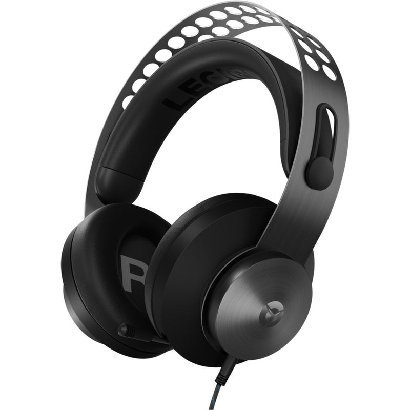 Side view of Lenovo Legion H500 Pro gaming headset showing perforated headband and metal finish