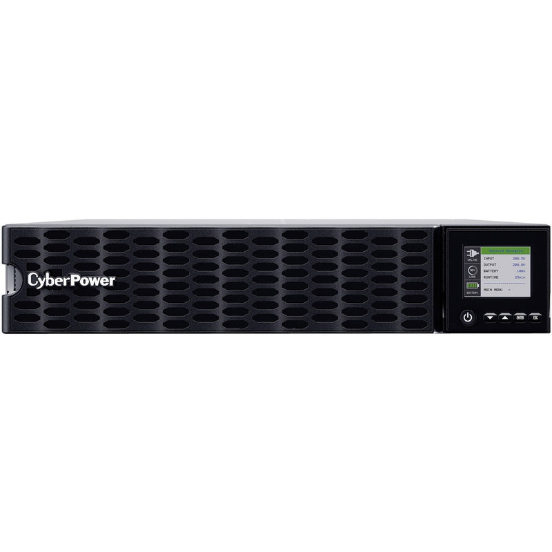 Front view of CyberPower OL5KRTHD UPS system showing LCD display panel and honeycomb ventilation pattern