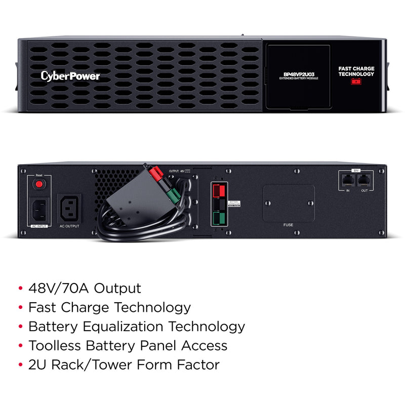 Rear view of BP48VP2U03 showing connectivity ports, power connections, and battery management features