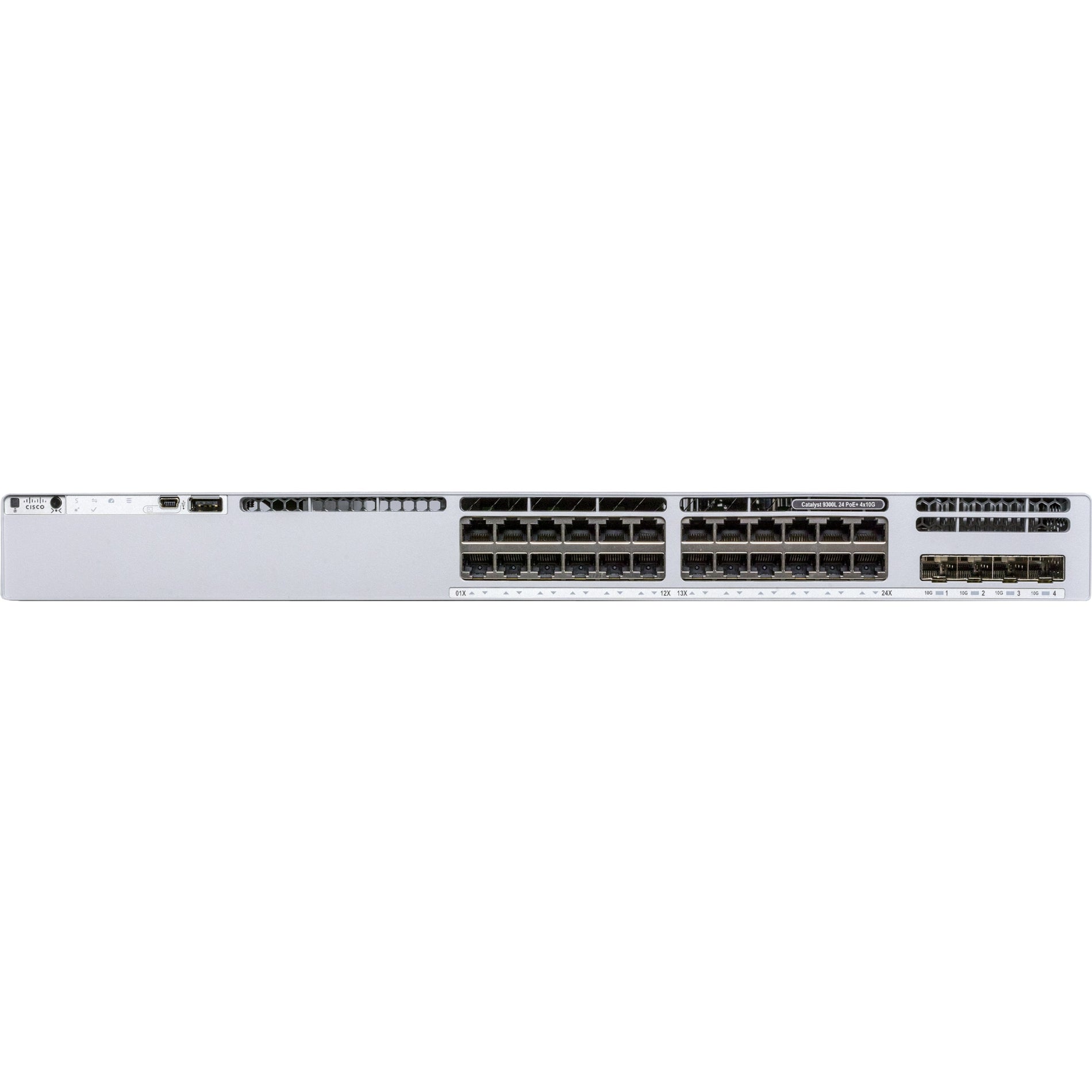 Front view of Cisco Catalyst 9300L-24P-4G-E switch showing 24 PoE+ ports and 4 uplink ports with LED indicators-alternate-image1