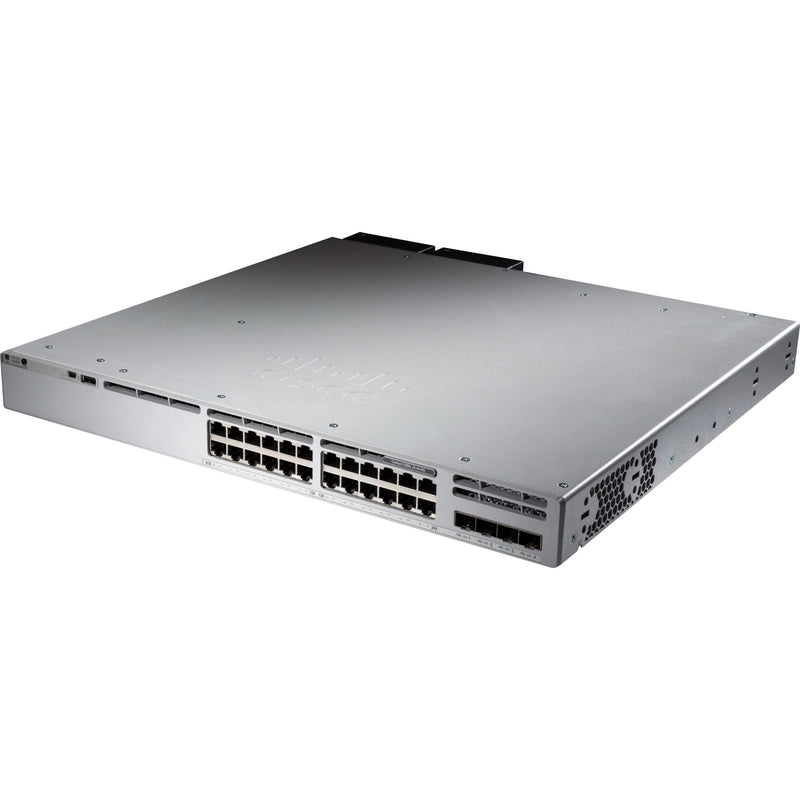 Angular view of Cisco Catalyst 9300 switch showing compact form factor and port layout