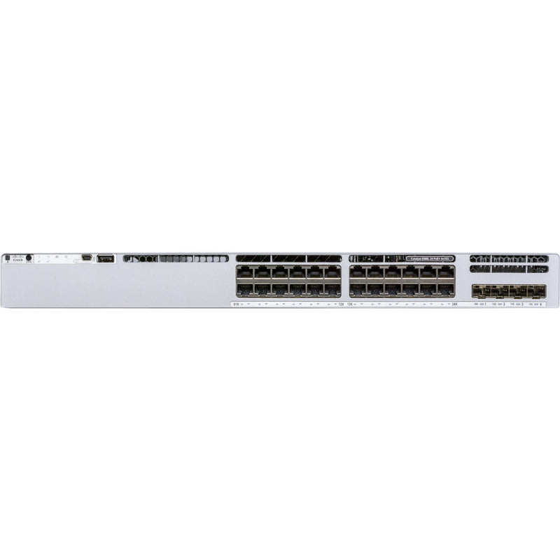 Front view of Cisco Catalyst 9300 switch showing 24 Ethernet ports and 4 SFP uplink ports