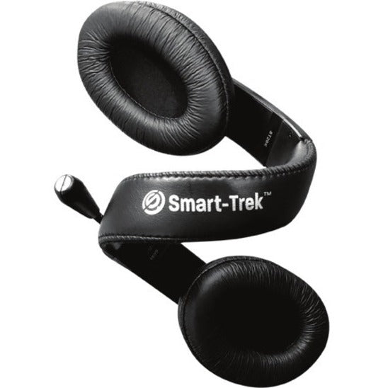 Detail shot of Smart-Trek headset's ear cushions and branding on headband