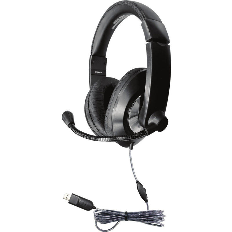 Hamilton Buhl Smart-Trek USB headset with boom microphone and volume control cord, shown in black and silver finish