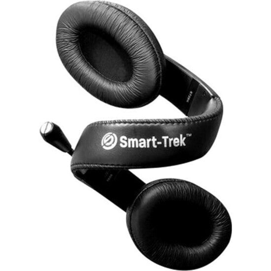 Close-up detail of Smart-Trek headset's leatherette ear cushions and branded headband