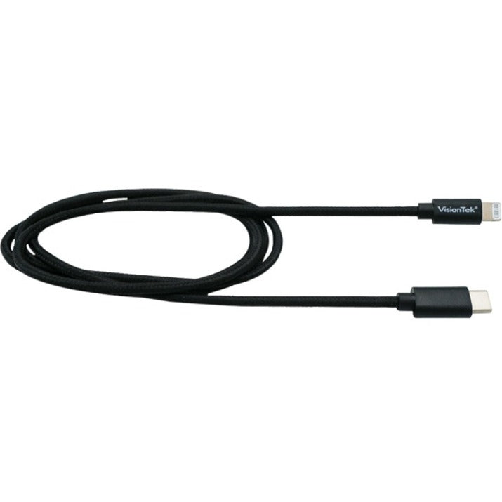 Black braided VisionTek USB-C to Lightning cable with reinforced connectors showing full cable length