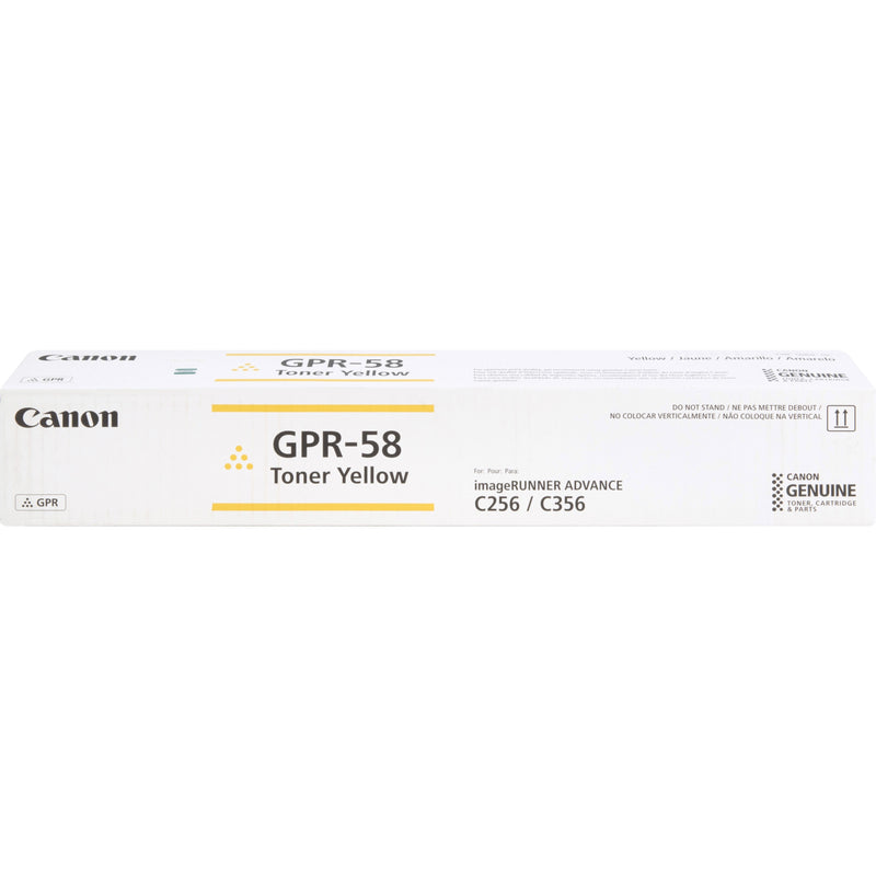 Canon GPR-58 Yellow Toner Cartridge packaging showing product details and compatibility with imageRUNNER ADVANCE C256/C356 printers