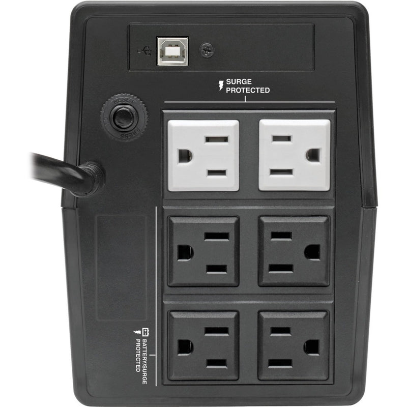 Rear view of Tripp Lite BC600TU UPS showing six outlets and USB port