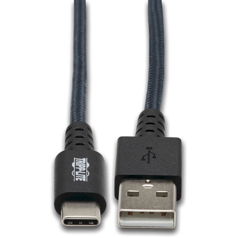 Close-up view of Tripp Lite USB-A and USB-C connectors showing reinforced strain relief and braided cable design