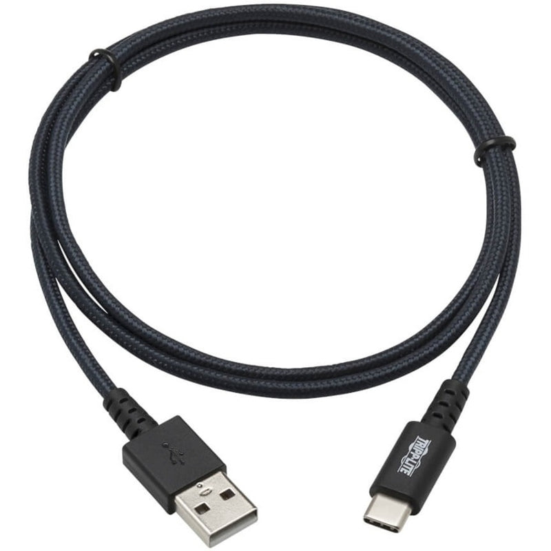 Full length view of the gray braided USB cable showing flexible design and cable management features