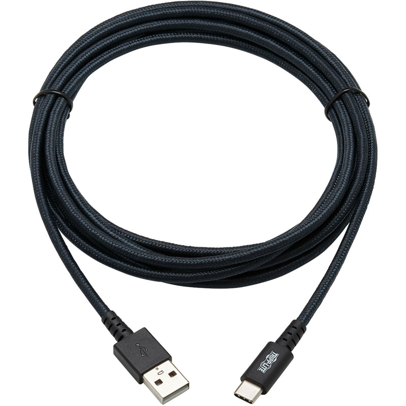 Full length view of the gray double-braided nylon USB cable with strain relief connectors