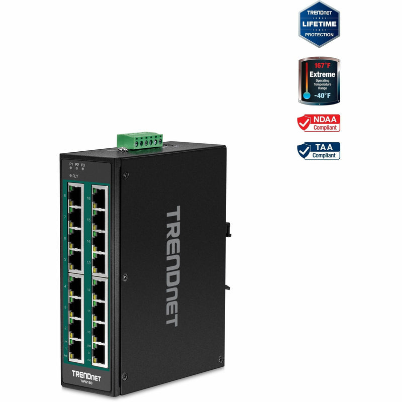 Front view of TRENDnet TI-PG160 16-port industrial PoE+ switch showing Gigabit ports and status indicators