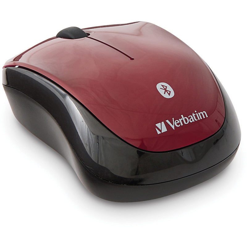 Verbatim Bluetooth mouse in garnet red and black showing side angle view with Blue LED technology