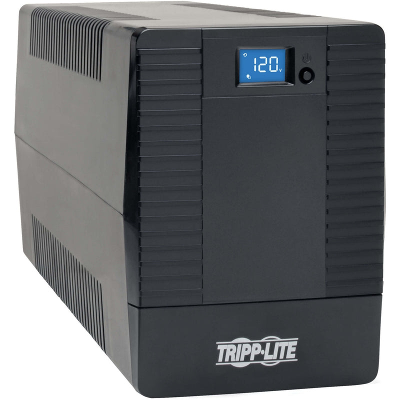 Side view of Tripp Lite OMNIVS800LCD UPS showing LCD display screen with 120V reading