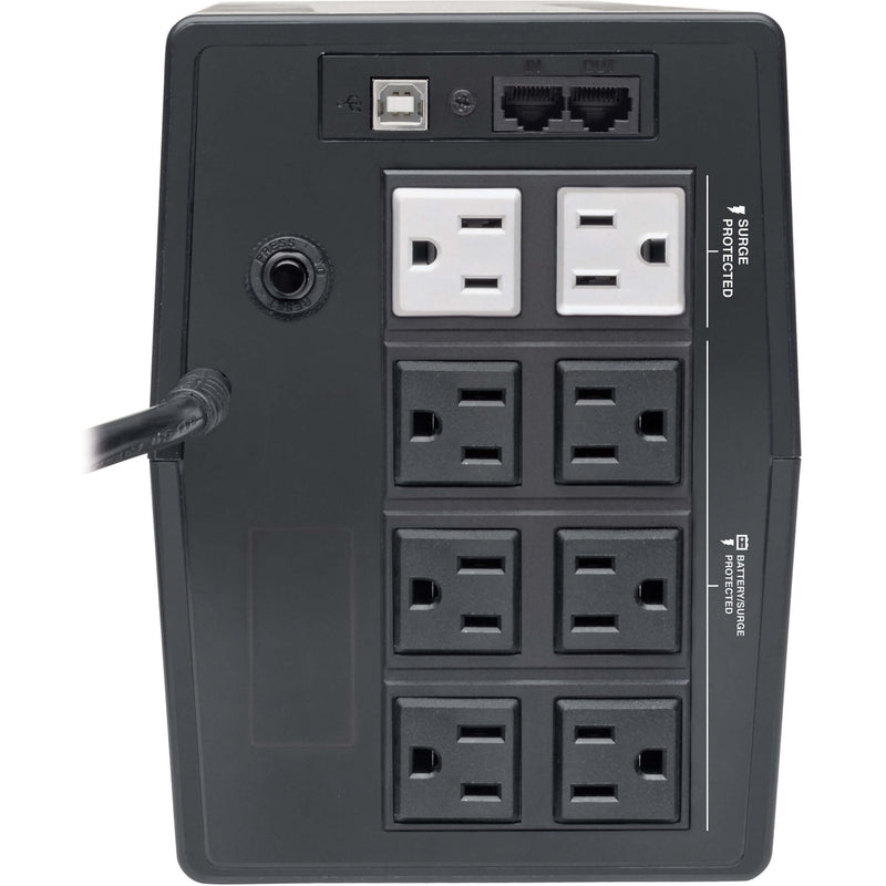 Rear view of Tripp Lite UPS showing eight power outlets, USB port, and network protection ports