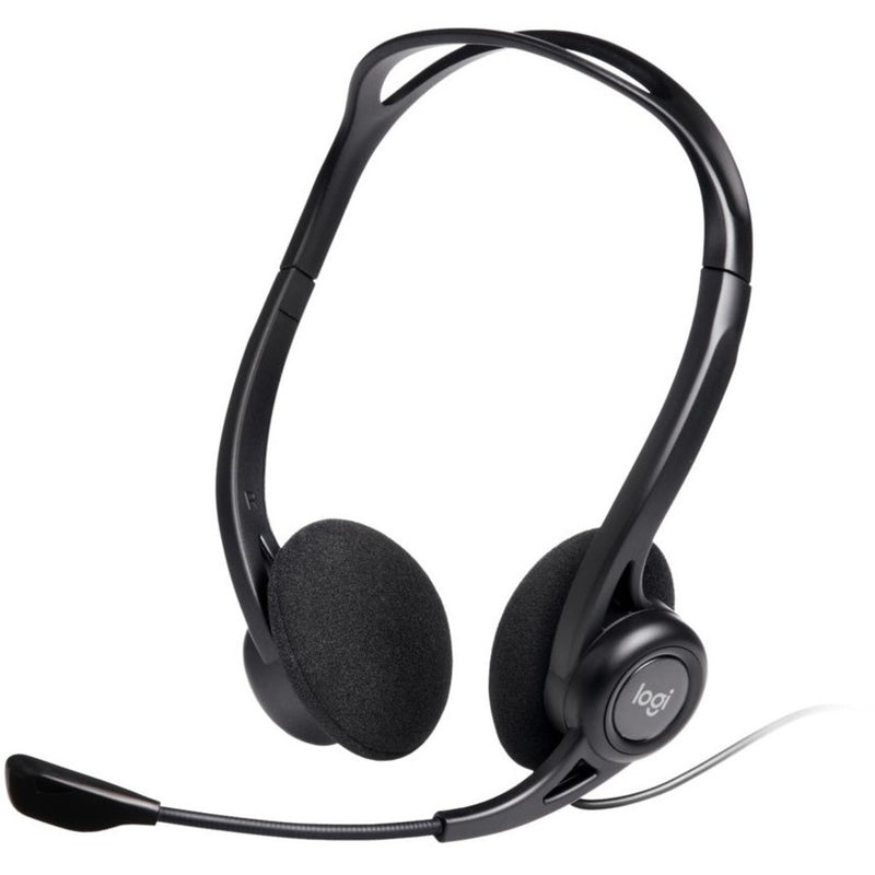 Logitech 960 USB Headset front view showing dual ear cups, adjustable headband, and boom microphone