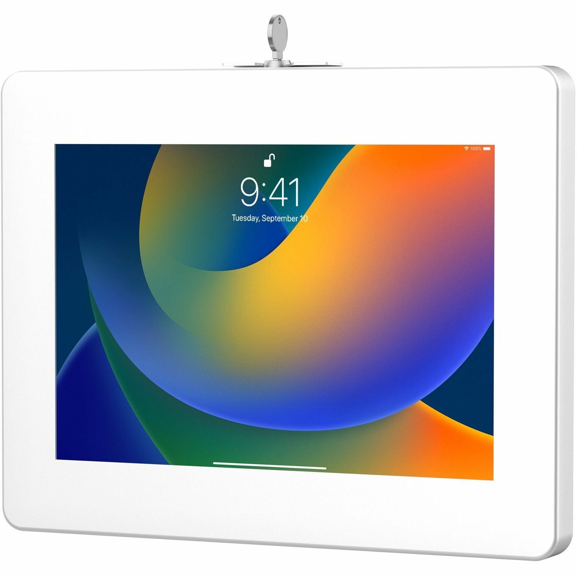 White metal tablet enclosure with key lock system showing mounted iPad with colorful display-alternate-image1