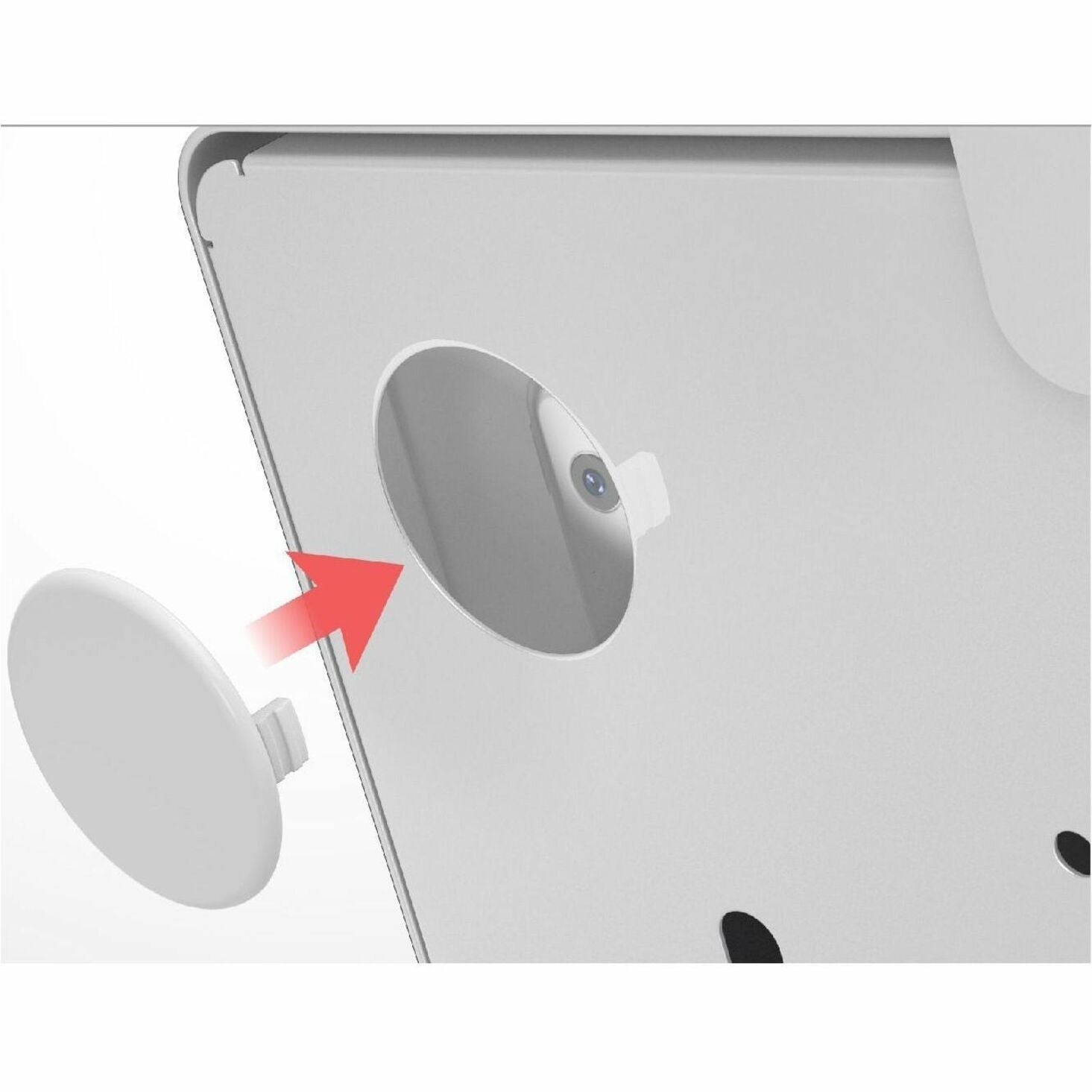 Detail view of tablet mount showing cable management port with directional indicator-alternate-image4