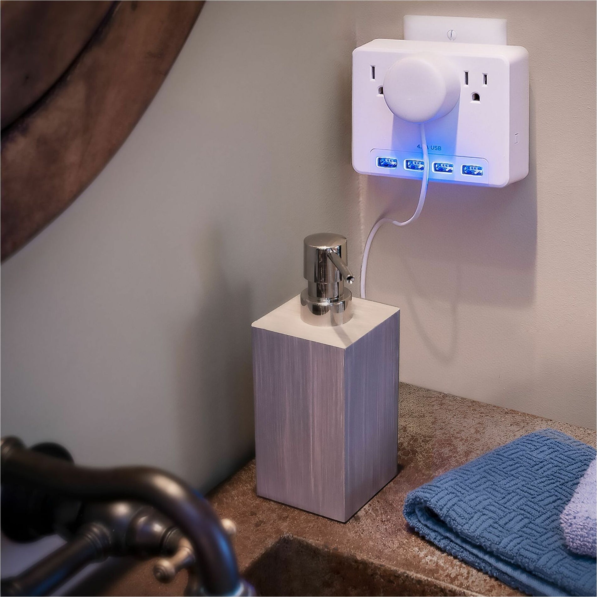 CyberPower surge protector installed in bathroom setting with grooming accessories-alternate-image9