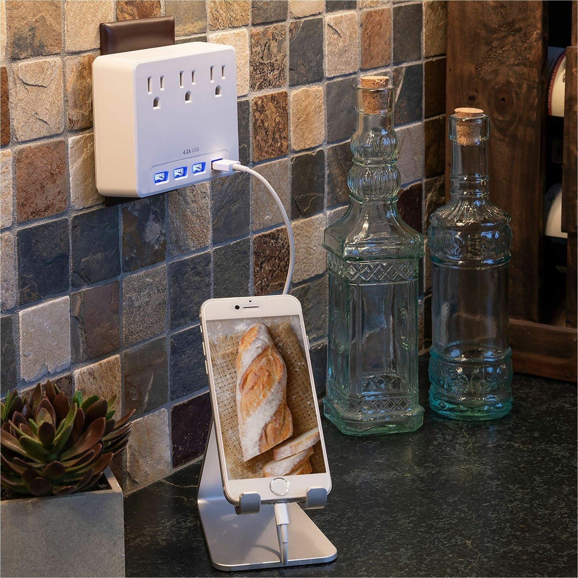 CyberPower surge protector mounted in kitchen with phone charging stand-alternate-image11