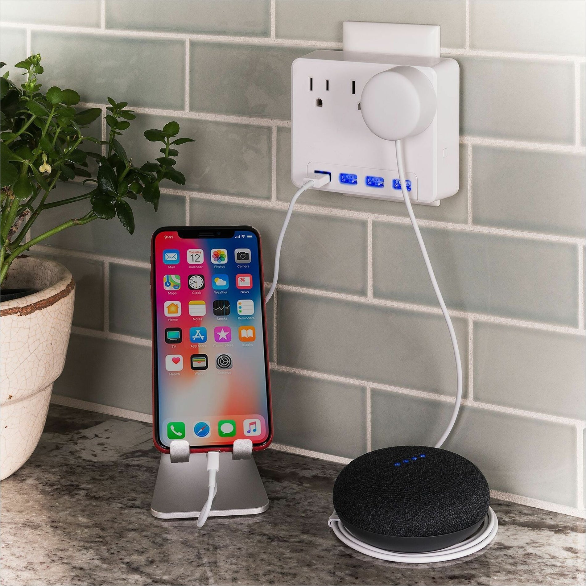 CyberPower surge protector in use with smartphone and smart speaker charging-alternate-image8